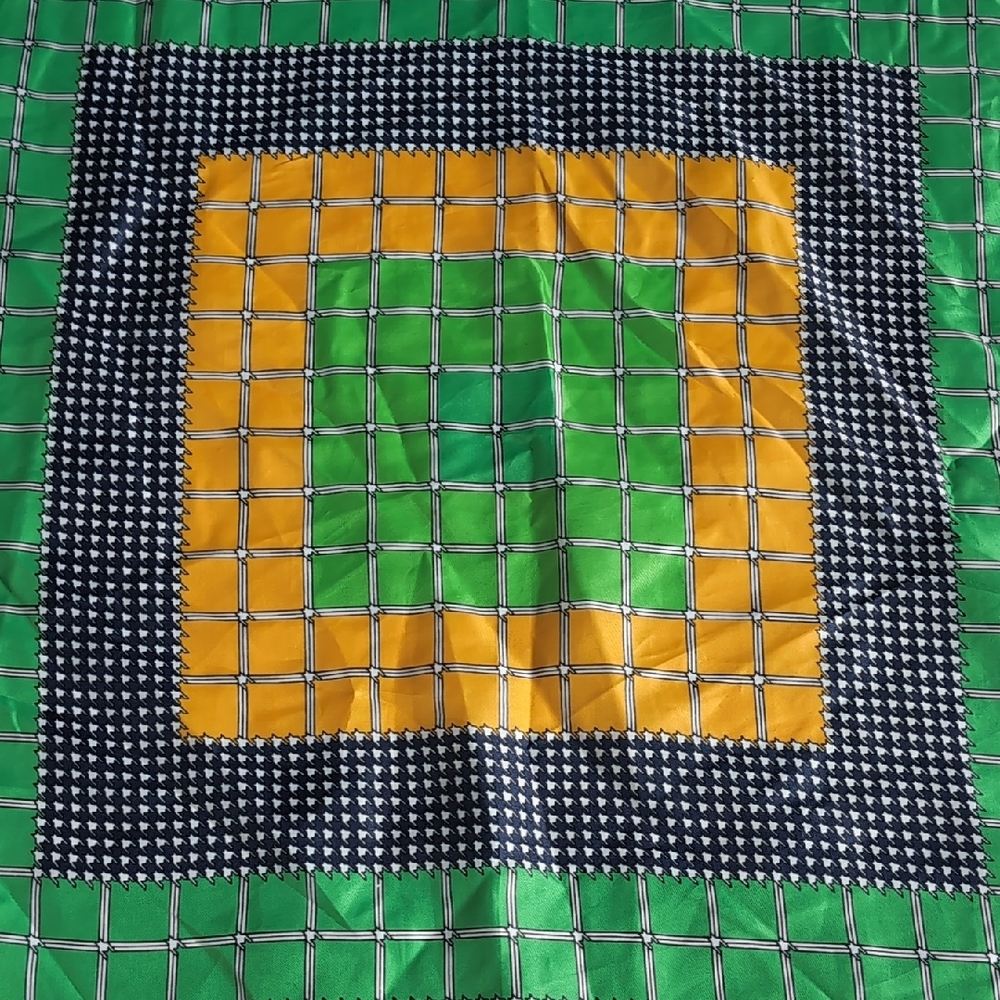 Square Graphic Silk Scarf in Green, Yellow & Navy - Picture 3 of 5